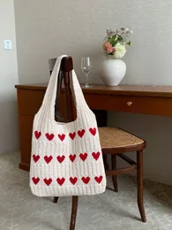 Designer de lã malha bolsas verão novo mão-tecido sacos de praia multi-cores sacola amor coração padrão bolsa feminina moda sacola oco para fora bolsa de compras bege