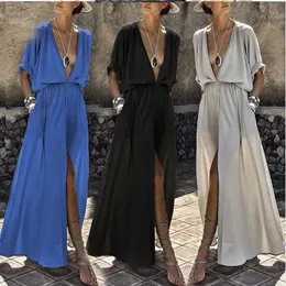 Kvinnors sommarklänning Deep V Neck Sexig solid färg Half Sleeve Split Women Maxi Long Dresses Vestidos JQMY4 240311