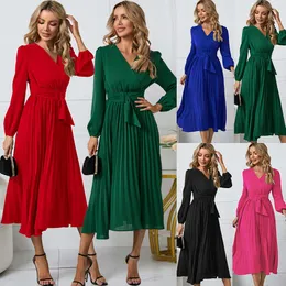 2024 Women's New Long Sleeve Slim Fit Pleated Belt V-neck A-line Dress