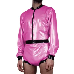 Wetlook Faux Leather Sexy Cosplay Rompers Party Clubwear Exotic Long Sleeve Zipper PVC Bodysuit Glossy Unisex Playsuit 7XL