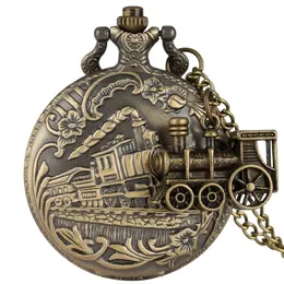 Vintage Retro 3D Steam Train Pocket Watch med halsbandskedjan Lokomotiv design män kvinnor antik kvarts klocka gåva kollega260i