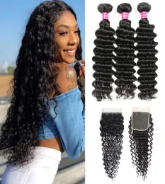 Pacotes de cabelo cacheados profundos e cacheados da Briziliana com 4x4 Cabelo de onda profunda da Malásia 4x4 Cabelos humanos 3 com renda CLO5160489