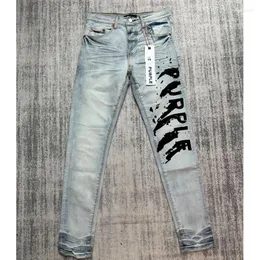 Mens Jeans ljusblå lila märke denim byxor hög kvalitet oregelbunden bläckstråle bokstav unisex mode streetwear långa byxor