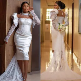 2024 plus size vestidos de casamento curtos vestidos de noiva para noiva alta pescoço mangas compridas ilusão frisado pérolas rendas vestidos de casamento para mulheres negras africanas meninas nw106