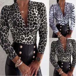 女性ヒョウブラウスセクシーVネックカジュアル長袖オフィスワークシャツ新しいファッションプリントレディースプラスサイズのブラウス