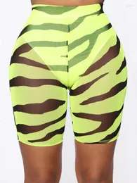 Calças femininas 2024 moda neon cor malha zebra impressão shorts senhoras sexy clubwear sheer ver através de cintura alta myqh07