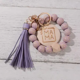 Keychains 2024 MAMA Bracelet Keychain For Women Tassel Wristband Bag Pendant Accessory Leopard Print Wood Bead Keyring Mother Day Gift