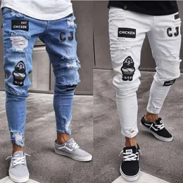 Herr hip-hop smal passform nödställda leggings badge elastiska jeans ny stil