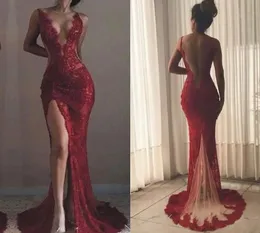 Abito da sera formale da donna sexy bordeaux 2024 Scollo a V Applicazioni in pizzo Backless Alta fessura Sirena Abiti da ballo di fine anno Robe De Soiree Abiti Festa