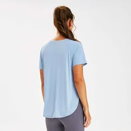 Lu Align Lemon T-shirt Löst bästa kvinnor Yoga fies Kort ärmskjorta Vest Laser Punch Quick Dry Breatble Crop Tennis Gym Sports Top Jog