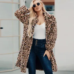 Women's Fur Europe och USA Fashion Long Leopard Print Suit Collar Imitation Coat Casual Faux