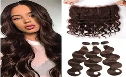 Medium Brown Indian Virgin Human Hair 3 Bundles with Frontal Body Wave 4 Chocolate Brown Weave Bundles with 13x4 Lace Frontal Clo6264983