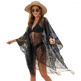 Maiô de renda feminina floral solto borlas coverups praia nadar biquíni kimono cardigan capa ups blusa roupa de banho resort wear