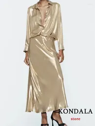 Vestidos de trabalho Kondala vintage ouro 2 peças ternos feminino manga longa camisas brilhantes cintura alta saias retas moda 2024 conjuntos elegantes