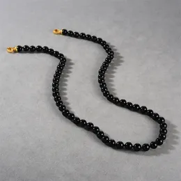 Neue einfache schwarze Achat-Halskette im Instagram-Stil, verkupfert, 18 Karat echtes Gold, leichter Luxus, hochwertige Retro-Kragenkette mit runden Perlen für Frauen