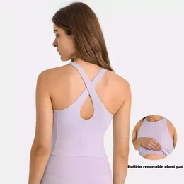 LU ALIGN LEMIN NECK CURMED 2IN1 High Yoga Sport Crop Top Women Sexy Back Cutout Wybout Gym Vest Stest Tops with Bruy in Bra XS-XL S