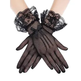 Перчатки с пятью пальцами женские черно-белые летние УФ-защитные свадебные сетчатые варежки в сеточку с кружевом и цветком для девочек Wedding306a