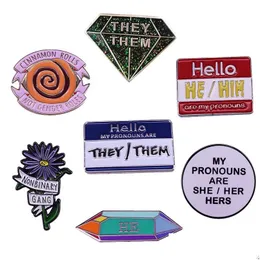 Pins Brooches Pins Nonbinary Gang Gender Equality Badge Different Pronouns Enamel Pin They Them He Him Brooch Fashion Pride Jewelry Dhfpm