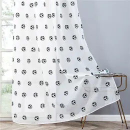 Tende Cartoon Black Football Ricamo Tende trasparenti per camera da letto Ragazzi Ragazza Bambini Asilo nido Finto lino Voile Tende per finestre corte