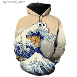 Herrtröjor tröjor ukiyoe Sea Wave 3D Print Mens Hoodie Spring Overized Casual Round Neck Lång ärm Roliga huvtröjor Plus Size S-3XL L240315