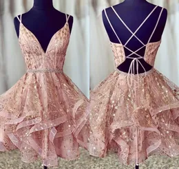 2023 Bling Rose Pink Short Prom Homecoming Sukienki Ruffle Vneck Crystal z koralikami Sashes Koktajl Suknia Wieczór Formalna Słodka 13500842