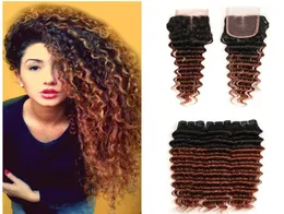 1b 33 ombre malaysiska jungfruhårväv med spetsstängning Deep Wave Human Hair Bunds Two Tone Curly Dark Auburn Colored Hair4359498