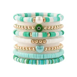 Conjunto de 7 peças de pulseiras de contas de argila Preppy Heishi Stretch Friendship Pulseira empilhável estrela dourada pérola mau olhado fios com contas Boho verão praia joias bandeira dos EUA presente de Natal