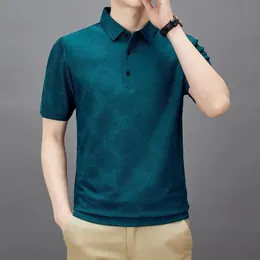 Tshirt Summer Turn-down Collar Clothes for Men Ice Silk Short Sleeve Casual Thin Breathable Jacquard Polo Plaid Fashion Tops 240312