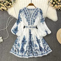 Womens Fashion Autumn Blue Print VNeck Long Sleeve Bohemian Dress Elegant Belt Lantern Holiday Vestidos 240313