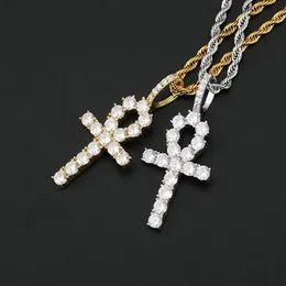 925 Sterling Silver Bling Out Ankh Cross Cross 24 łańcuch liny 7 6G Cuubic Cyrronia Biżuteria Hyfopowa dla mężczyzn Women2450