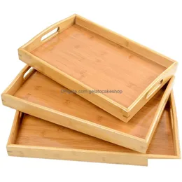 Breakfast Trays Bamboo Wooden Tea Tray Rectangar Solid Wood Serving Kung Fu Cup With Handle Dinner Bread Fruit Food Plate Drop Deliv Dhayy