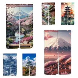 Vorhänge Japanischer Noren-Split-Türvorhang Sakura Mount Fuji Bridge Tower Landschaft Türvorhänge für den Kücheneingang Halbvorhang