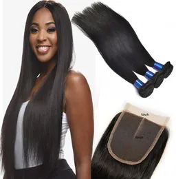 Indyjskie wiązki Virgin Hair wiązki z koronkowym 5x5 4 sztuki Pierwsze ludzkie włosy pięć na pięć zamknięć Środkowy trzy części 104752034