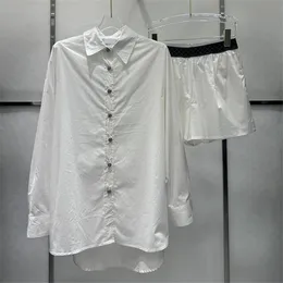 Long Sleeve Women White Shirts Short Set Luuxry Elegant Casual Daily Blouse Outfits Elastic Waist Mini Shorts Sets