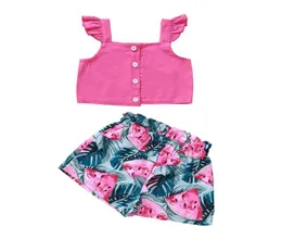 Girl Flying Sleeve Square Collar Solid Color Tops and Shorts Pants Set Baby Cotton Button Tshirt and Watermelon Print Trousers Su7834728