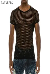 MEN039S Mesh Seethrough Fishnet T Shirt 2018 Moda Seksi Kısa Kollu Gece Kulübü Giyim Tshirt Erkekler Parti Sokak Giyim Top158357265102