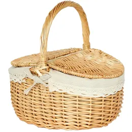 Baskets Rattan Picnic Basket Woven Wicker Camping Barbecue Outdoor Picnic Basket Shopping Rustic Flower Girl Wicker Lid Willow Vegetable