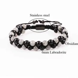 Fashion Gemstone Armband Natural 6mm Labradorite Black Agate Pärlor Handgjorda sladdflätade makramarmband Män kvinnor248y