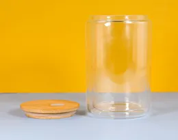 16oz Sublimation Schneekugel Bierdose Doppelwandiges Klarglas mit HolzdeckelnKunststoffstrohhalme 500ml Weiße leere Wasserflaschen DIY H1705505