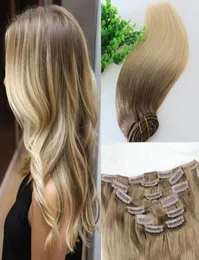 8 60 613 Full Head Clip In Human Hair Extensions Ombre Medium Brown Ombre Hair Light Blonde Balayage Highlights 7PCS a lot 120g3582497