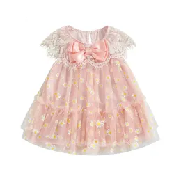 FocusNorm 04Y Summer Kids Girls Princess Dress leveless Flower Print Lace Mesh Tulle with Bowknot 240228