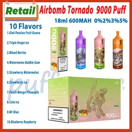 Retail Airbomb Tornado 9000 Puff Disposable Electronic cigarette Device 18ml Pre-filled Pod 600mAh Rechargeable Battery 10 Flavors 0%2%3%5% 9k Puffs Vapes
