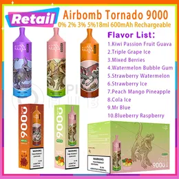 Retail Original Airbomb Tornado 9000 Puff Disposable E Cigarettes 18ml Prefilled Pod 600mAh Battery 10 Flavors Level 9K Puffs Vapes