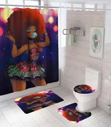 4 szt. Zestaw zasłony prysznicowej w łazience Wodoodporna kreskówka Afrykański Dziewczyna Bath Carzy Printing U Mata Mat Cover 180x180 cm toaleta 9776217