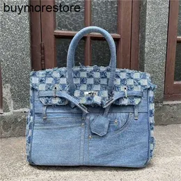 Women Bag binns denim handväska duk 7a kvalitet ipinee internet kändis med kontrasterande tofs checkerboard tygväska hånade fickdesignpåse