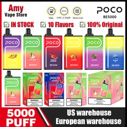 미국 창고 오리지널 Poco 5000 퍼프 일회용 vape poco be 5000 전자 담배 vape 펜 충전식 공기 흐름 조절 가능한 15ml 10 컬러 장치 퍼프 5k vaper