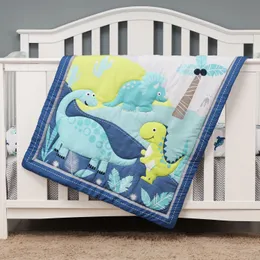 Комплект постельного белья для детской кроватки из 3 предметов с изображением динозавров для мальчиков, включая стеганое одеяло и юбку для кроватки 240313