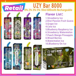 Retail Uzy Bar 8000 Puff Disposable E Cigaretter 1.0Ohm Mesh Coil 18 ML POD Battery Rechargeble Electronic Cigs 0% 2% 3% 5% 8K Puffs Vape