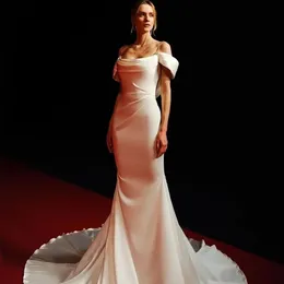 Boho Abito da sposa a sirena in raso Cristallo con spalle scoperte Piega Abito da sposa formale in raso per la sposa Personalizza Abiti da sposa Robe De Mairee YD