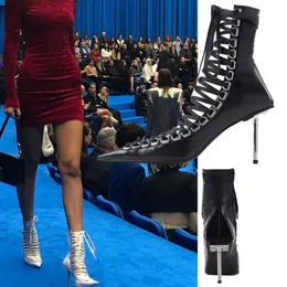 European and American personalized straps pointed toe shoes sexy hollow out show large-sized cowhide cool boots leather nightclub women's high heels bare boots35-43